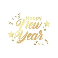 happy new year golden lettering with confetti and stars vector
