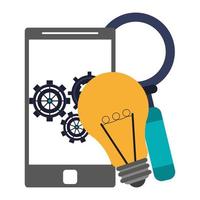 lightbulb, smartphone with gears and magnifying glass vector