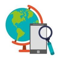 magnifying glass, smartphone, and globe