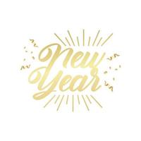 happy new year golden lettering in sunburst frame with confetti vector