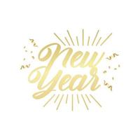 happy new year golden lettering in sunburst frame with confetti vector