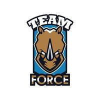 rhino head animal emblem icon with team force lettering vector