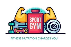 Ilustración de nutrición de gimnasio deportivo con brazos musculosos, buque, nutrición deportiva, pesas, barra vector