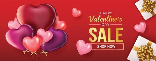 Happy Valentine's Day banner. Holiday background design with big heart made of pink, red Hearts on black fabric background. Horizontal poster, flyer, greeting card, header for website. Gold metallic text Love, realistic red balloons. Vector Illustration