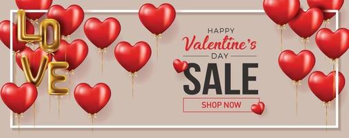 Happy Valentine's Day banner. Holiday background design with big heart made of pink, red Hearts on black fabric background. Horizontal poster, flyer, greeting card, header for website. Gold metallic text Love, realistic red balloons. Vector Illustration