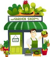 Cartoon Garden Shop With Male Storekeeper At the Window vector