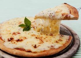 Cheese pizza on a pizza stone photo