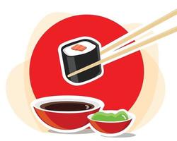 Chopsticks with sushi roll vector