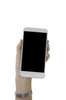 Hand holding phone isolated on white backgorund photo