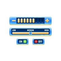 conjunto de panel de configuración de control de interfaz de usuario de juego de espacio azul de fantasía con botón de encendido y apagado y menú de progreso para elementos de activos de interfaz gráfica de usuario vector