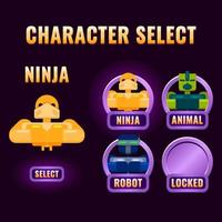 glossy purple rounded Game ui character selection pop up for 2d gui interface vector illustration