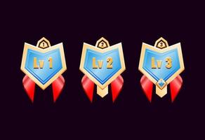 game ui glossy golden diamond rank badge medals with red ribbon vector