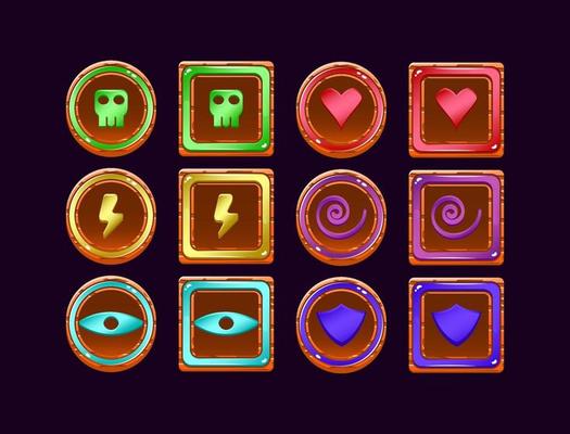 set of game ui wooden jelly magic power up icon for gui asset elements vector illustration