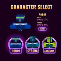 purple Game ui character selection pop up for 2d gui interface vector illustration