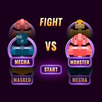 glossy purple Game ui fighting character selection pop up for 2d gui interface vector illustration