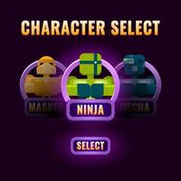 glossy purple Game ui character selection pop up for 2d gui interface vector illustration