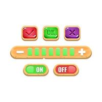 Set of funny colorful wooden game ui on and off button and control settings vector