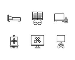 Hobby Icon Set With Bed, Read a Book, Watch Television, Painting, Digital Painting and Playing Game Icon vector