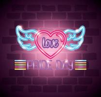 pride day neon light with heart and wings vector