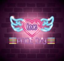 pride day neon light with heart and wings vector