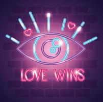 pride day neon light with eye and love wins lettering vector