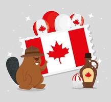 feliz día de canadá con castor y decoración vector