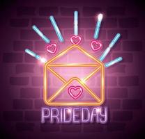 pride day neon light with envelope and hearts vector