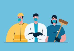Essential workers with face masks on coronavirus pandemic vector