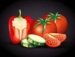 fresh red pepper with tomatoes and sliced cucumber, organic vegetables vector