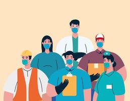 trabajadores esenciales con mascarillas sobre la pandemia de coronavirus vector
