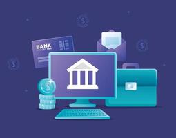 Online banking concept with computer desktop and icons vector