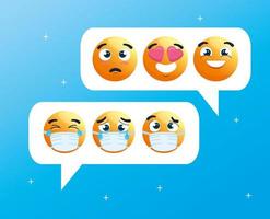 Emojis wearing face masks on speech bubbles vector