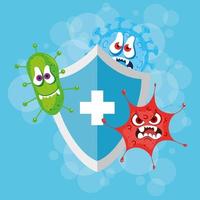 Cartoon coronavirus characters with protective shield vector