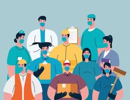 Essential workers with face masks on coronavirus pandemic vector