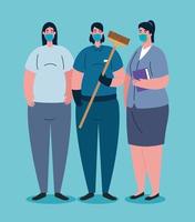 Essential workers with face masks on coronavirus pandemic vector