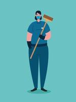 Janitor with face mask on coronavirus pandemic vector