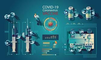 Medical team and scientist have discovered the COVID-19 vaccine, laboratory test, syringe, a vaccine vial, working on the test. vaccine development Ready for treatment illustration, vector flat design