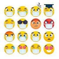 set of emojis wearing face masks vector