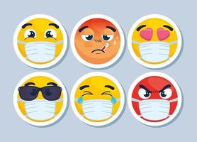 set of emojis wearing face masks vector