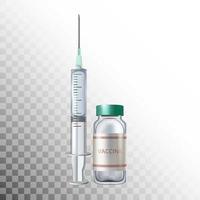 Bottle Mock up Realistic and Vaccine Syringe flu shot on White Background with Packaging. vector