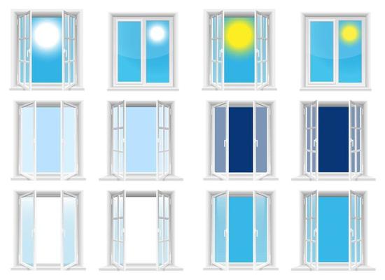 Transparent windows and sunny sky vector design illustration isolated on white background