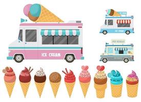 Cone ice cream and ice cream car set vector