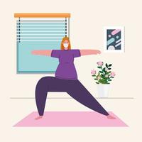 mujer haciendo yoga en casa vector