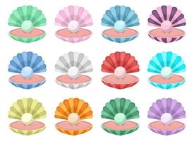 Seashell with pearl vector design illustration set isolated on white background