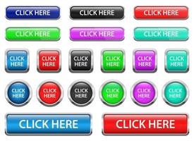 Haga clic aquí botones web con marco metálico aislado sobre fondo blanco. vector