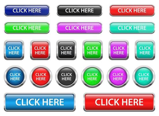 Click here web buttons with metallic frame set isolated on white background