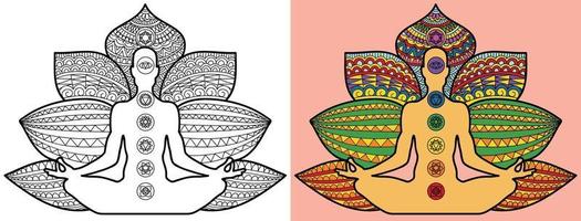 Doodle meditación yoga página de libro para colorear para adultos y niños. decorativo redondo blanco y negro. Patrones orientales de terapia antiestrés. maraña zen abstracta. Ilustración de vector de meditación de yoga.