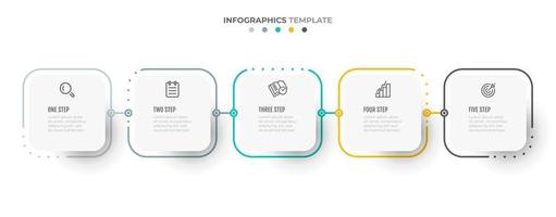 Business info graphic thin line process with square template design with icons and 5 options or steps. Vector illustration.