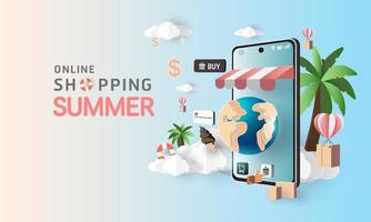 Compras de arte en papel en línea en teléfonos inteligentes y promoción de venta de nueva compra, fondo de verano para el comercio electrónico de banner market. vector