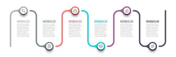 Business time line info graphic template design with icons and 6 options or steps. Can be used for work flow diagram, road map, annual report. vector